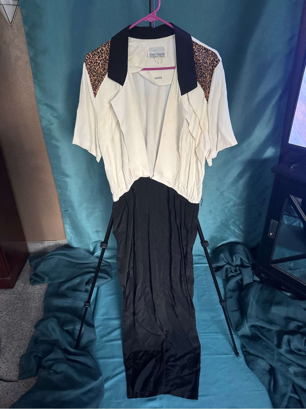 Vintage Sheri Martin Leopard Colorblock Jumpsuit Size 14 80s 90s Glam